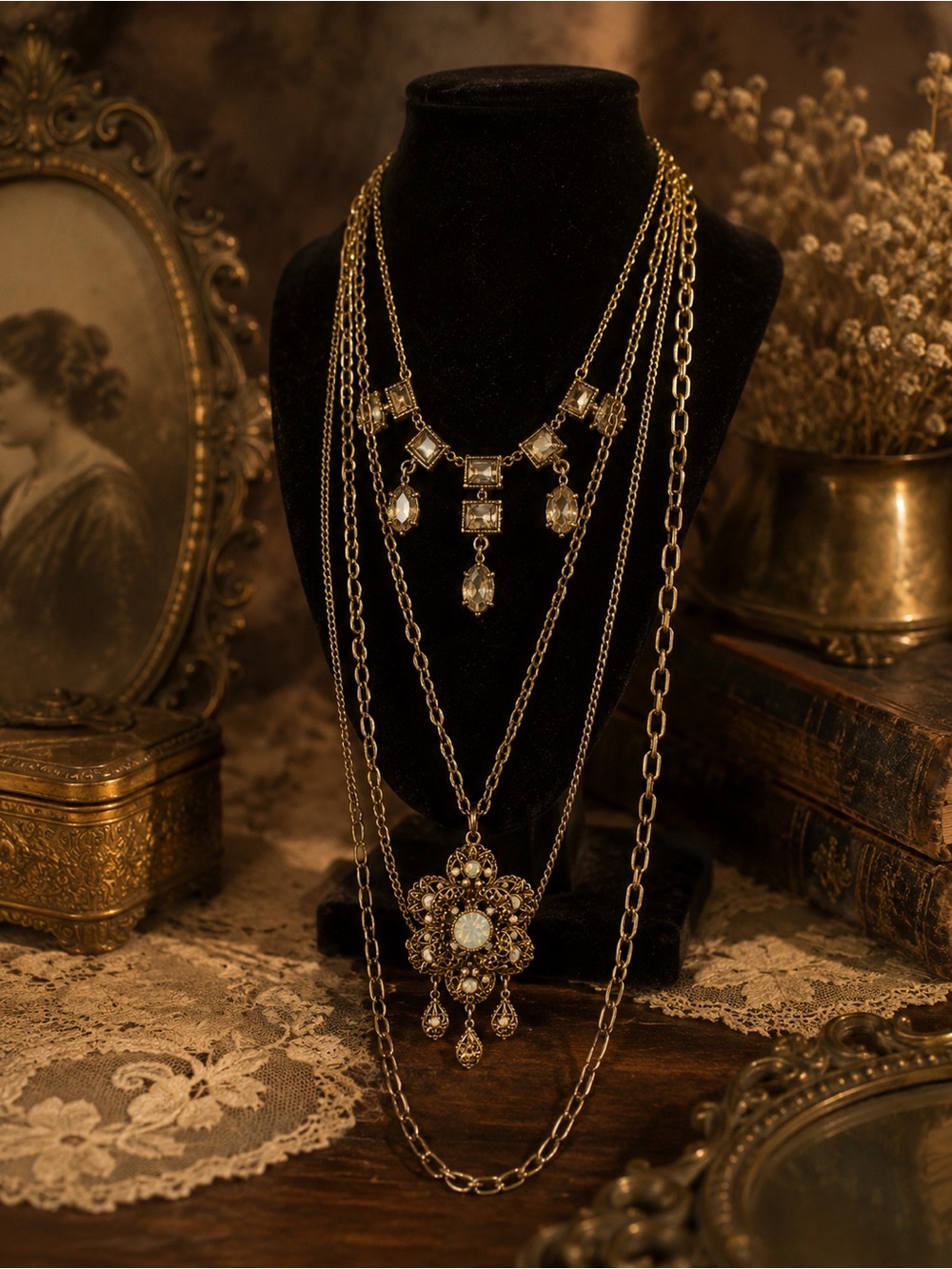 Vintage-Inspired Gold Layered Pendant Necklace - Gold
